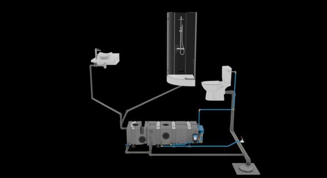 réutilisation les eaux grises des douches et des baignoires afin de remplir la chasse d'eau des toilettes. Lorsque les eaux grises quittent la salle de bain, elles sont récupérées par le système kg eco